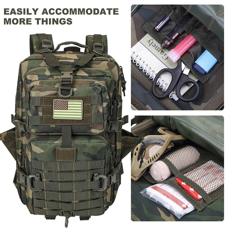 Hannibal Tactical 45L MOLLE Assault Backpack, Tactical Backpack Military Army Camping Rucksack with Bottle Holder, 3-Day Pack Trip w/USA Flag Patch, D-Rings, US Woodland