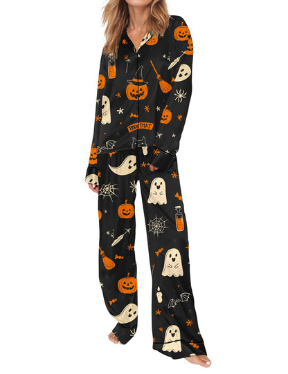 SHESHOW Funny Halloween Pajamas Women Satin Pajama Long Sleeve 2 Piece Sets Cute Halloween Pjs Women Black XL