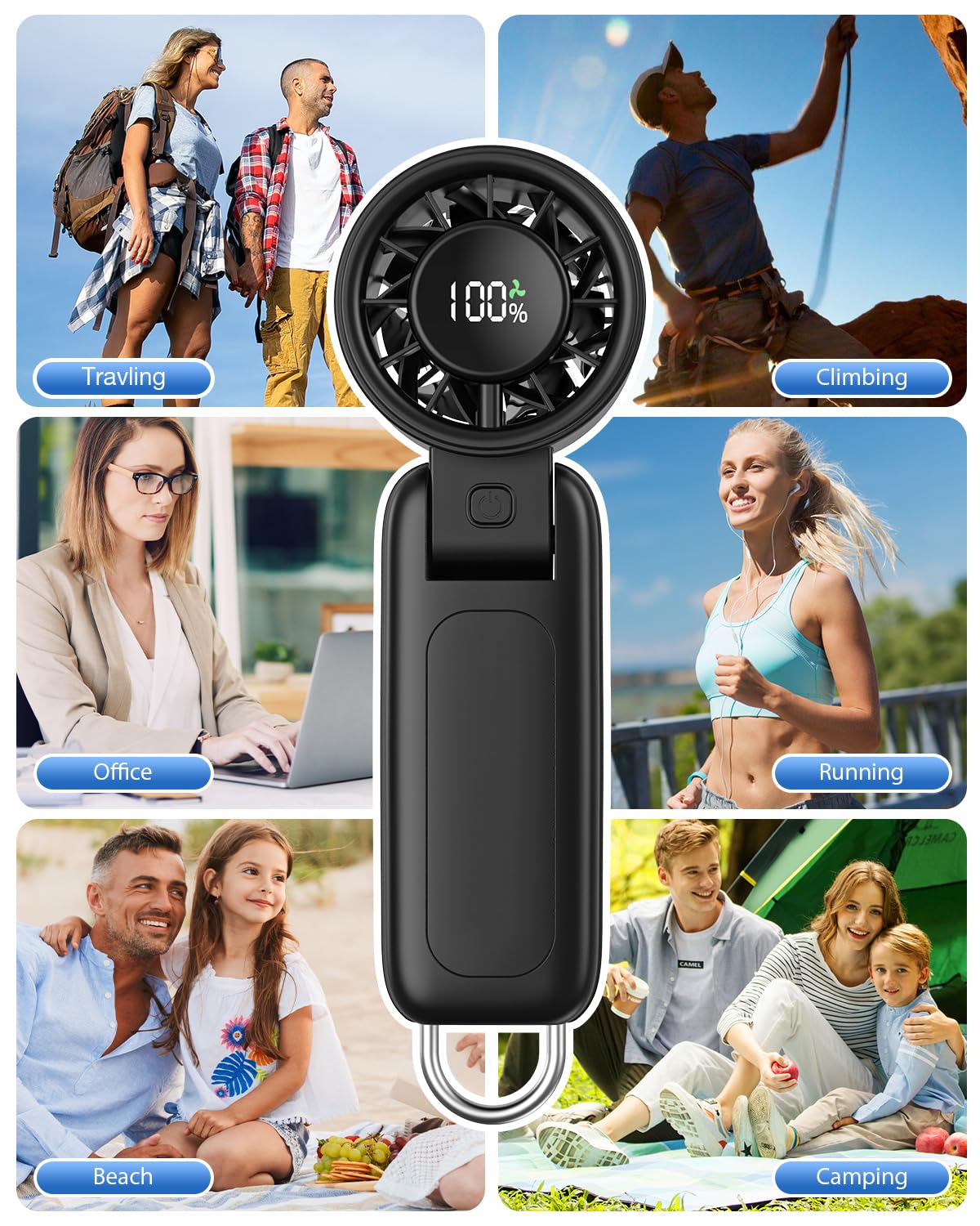 4 in 1 Handheld Portable Turbo Fan, 180° Foldable 6-Speed (1-100) Mini Fan, 5000mAh Rechargeable Battery Operated up to 15 Working Hours, LED Display Personal Cooling for Travel Indoor Outdoor Purple