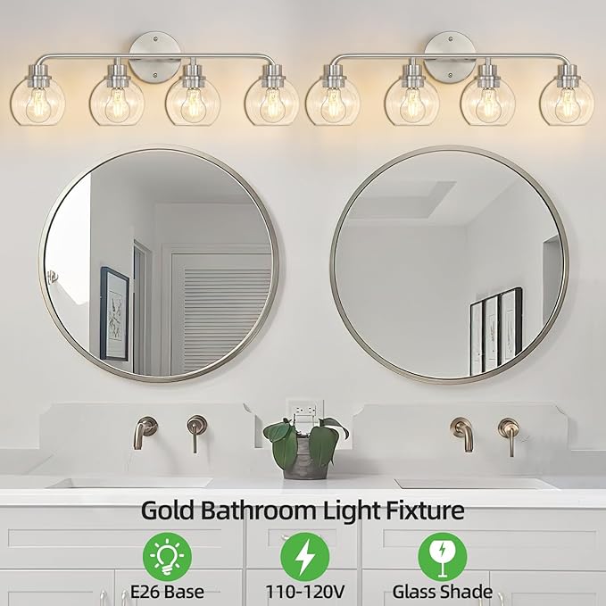 Bathroom Light Fixtures Brushed Nickel Vanity Light Silver 4 Light Modern Wall Sconces Lighting Bathroom Lights with Globe Glass Shade Bath Wall Lights for Mirror Kitchen Living Room Hallway 27 Inch