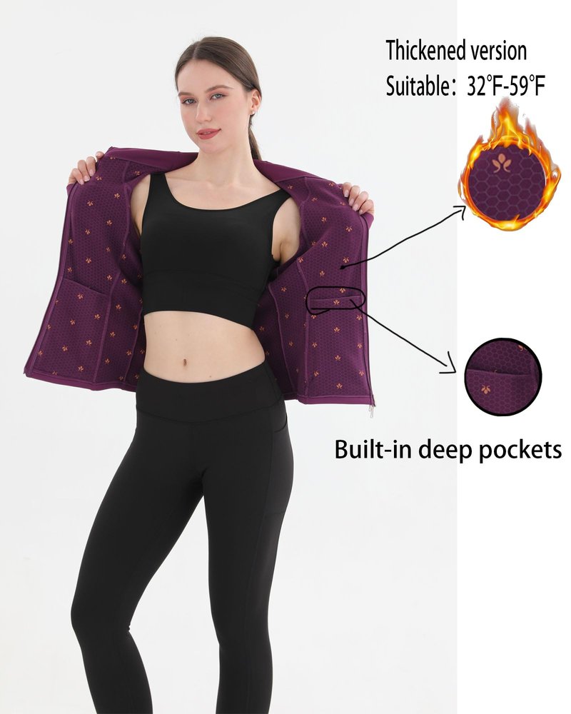 Pobodo, Women's, Thermal, Fleece Lined, Slim Fit, Winter Running, Warm Stand Collar, Yoga Track Top, 2-Way Zip, 4 Pockets