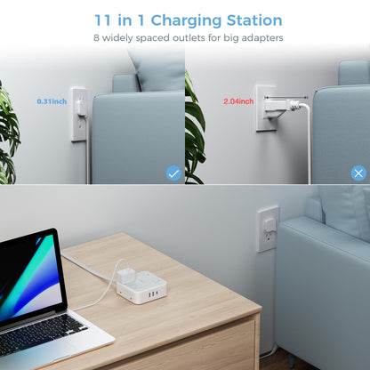 TESSAN Surge Protector Power Strip, 5 Ft Flat Plug Extension Cord with 3 USB (1 USB C) 8 Outlets, 900J Surge Protection, 3 Sided Outlet Extender with Power Switch for Office, Dorm Room Essentials