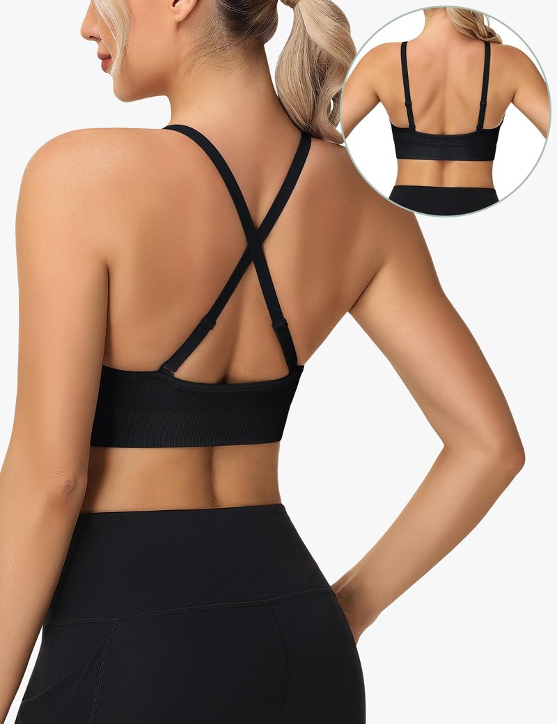WANAYOU Sport Bras for Women, Low Cut Adjustable Spaghetti Strap Cross Back Womens Sports Bras with Padding Low Support Wireless Seamless Sexy Bralette for Workout 3 Pack Black White Grey Medium