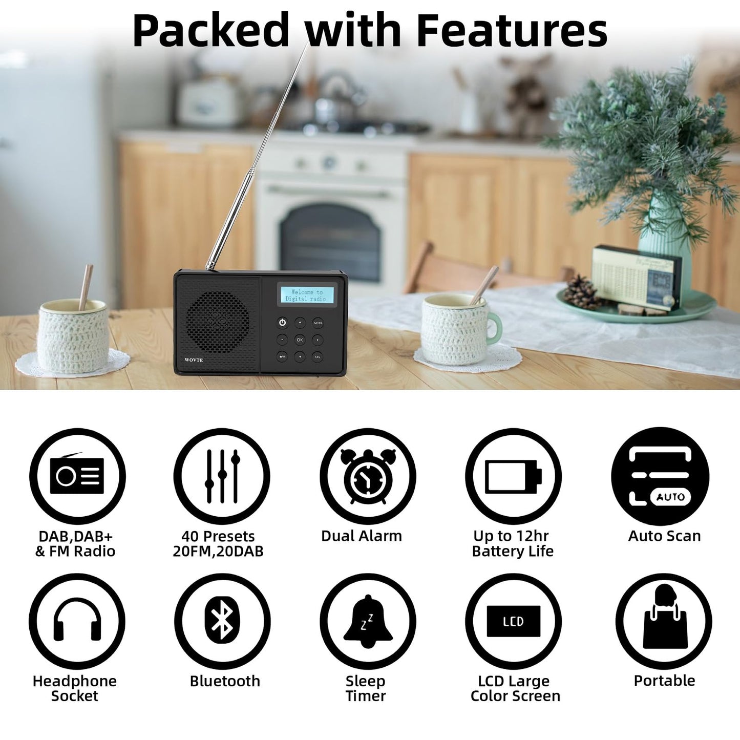 WOVTE DAB+ Digital Radio - Portable, Rechargeable & Mains Powered with Bluetooth, 40 Presets, LED Display, Alarm Clock, Sleep Timer & Headphone Socket