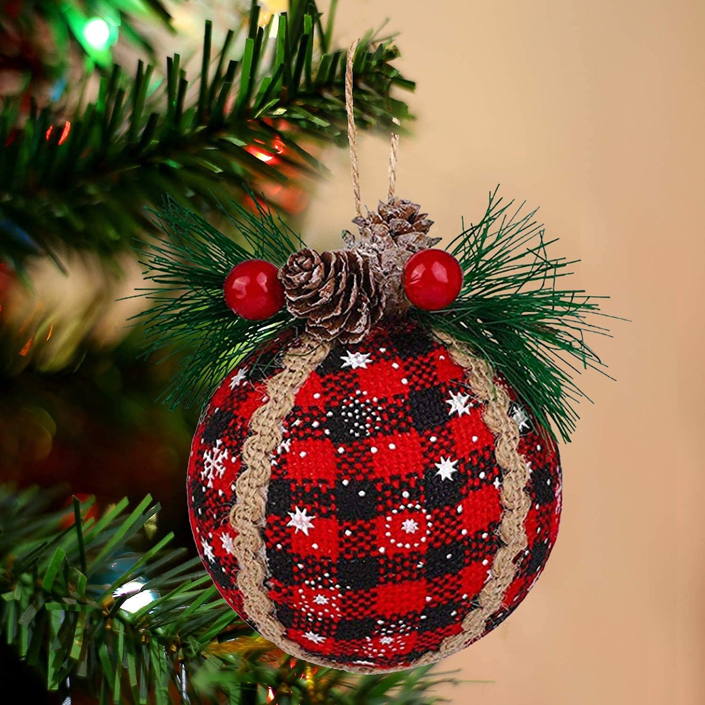 Iceyyyy 6PCS Christmas Plaid Ball Ornaments - 2 Inch Black & Red Buffalo Plaid Fabric Ball Ornaments with Pine Cones and Greenery, Plaid Christmas Tree Hanging Ball Ornaments Festive Decoration