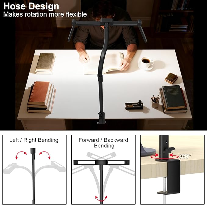 3 Light Bar Goose-Neck Architect Desk Lamp with Clamp, 24W Bright Led Tall Overhead Desk Light for Home Office,Eye Care Reading Table Light for Desktop Working,Drafting,Reading