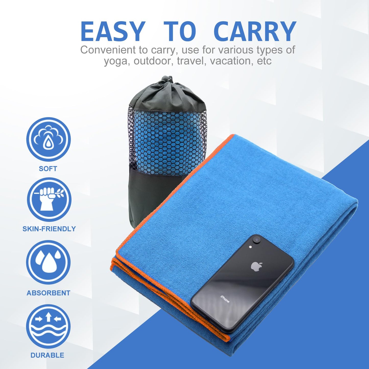 Eunzel Hot Yoga Towel - Microfiber Non Slip Yoga Mat Towel with Grip Dot Sweat Absorbent Towel for Hot Yoga, Pilates and Fitness 72" x 24", Dark Cyan/Orange