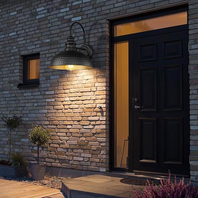 Dusk to Dawn Farmhouse Outdoor Barn Light Fixtures, 12 Inch Dome Gooseneck Exterior Wall Lights, Rustic Outdoor Wall Sconces Outside Wall Mount Lantern with Bead Shape for Porch, Garage, Doorway