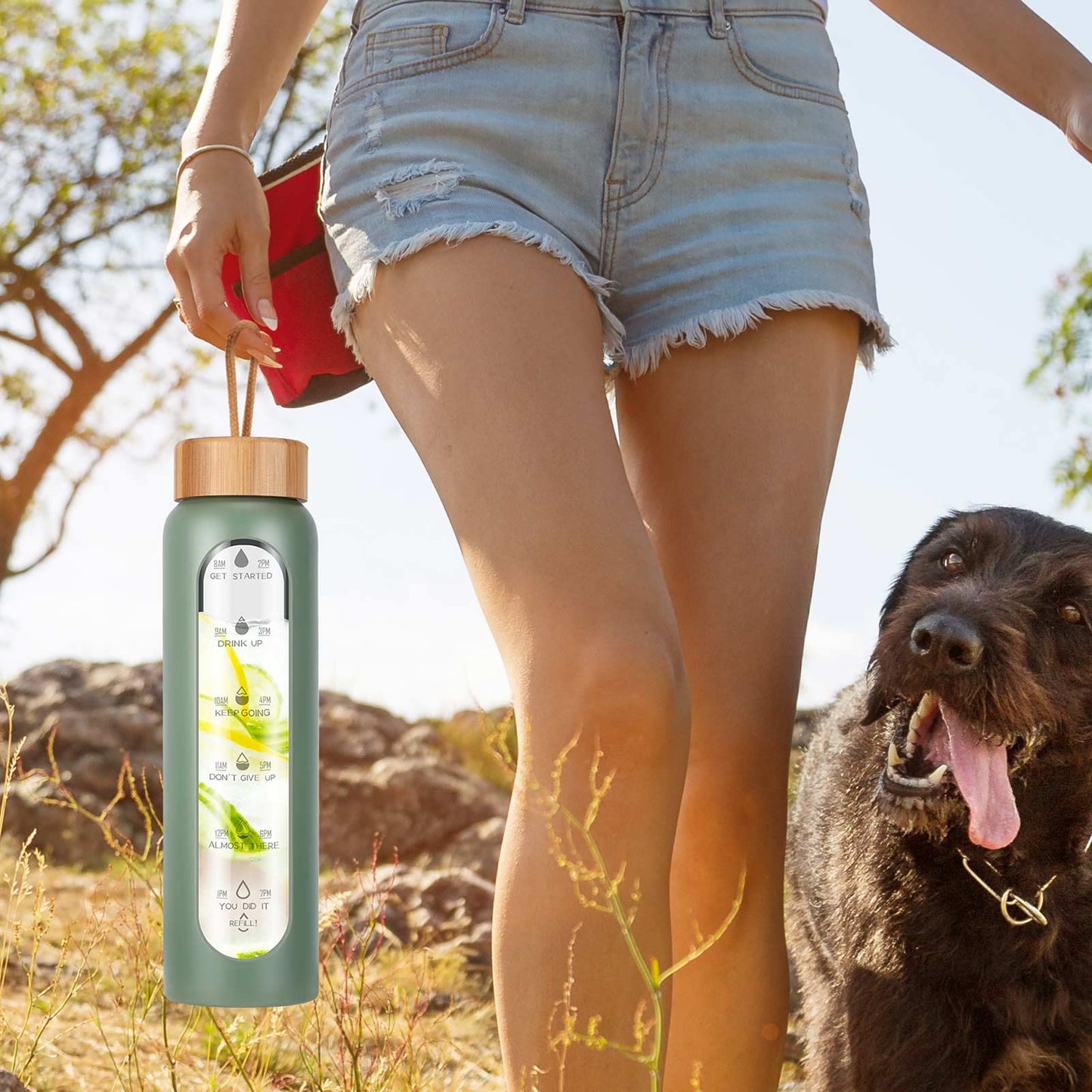 Aqulea Glass Water Bottles 32 Oz with Silicone Sleeve - BPA Free Reusable Wide Mouth Glass Motivational Water Bottles with Fruit Infuser – Leak Proof Borosilicate Water Bottle with Time Marker (Green)