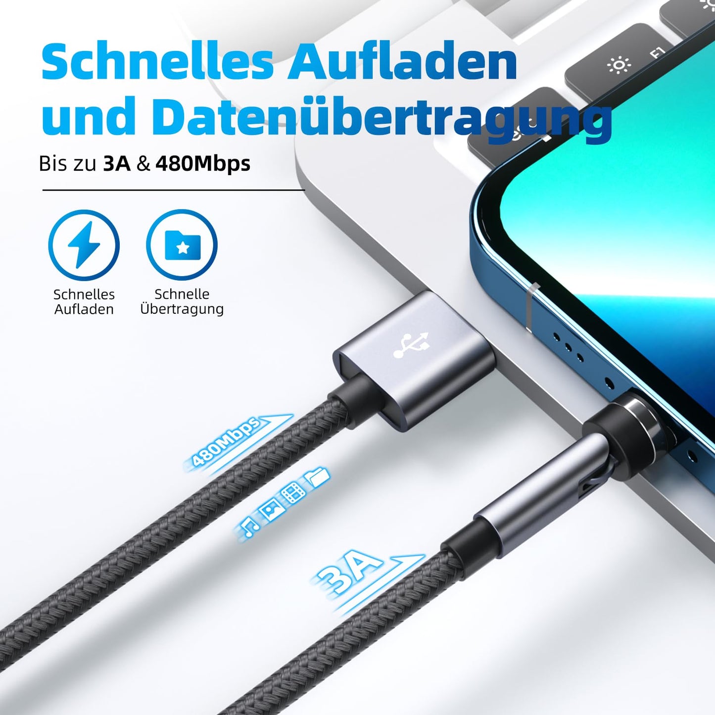 540° Rotation Magnetic Charging Cable, 3 in 1 Magnetic Phone Charger [4-Pack, 3ft/3ft/6ft/10ft] 3A Fast Charging Cable Support Data Transfer USB Magnet Charger Cable for i-P/Micro USB/Type C Device