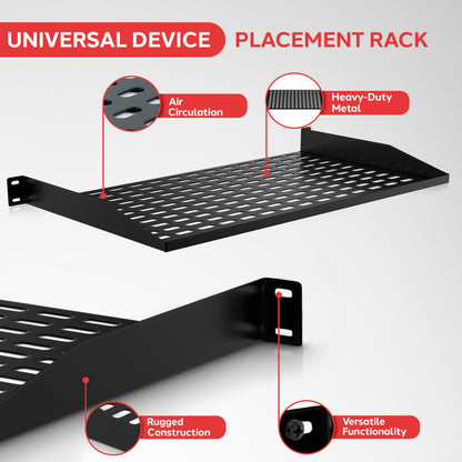 Pyle 2-Pc 1U Server Rack Shelf, Vented Shelves for Good Air Circulation, Cantilever Mount, Wall Mount Rack, Universal Device, Cabinet Shelf, Computer Case Mounting Tray, Black