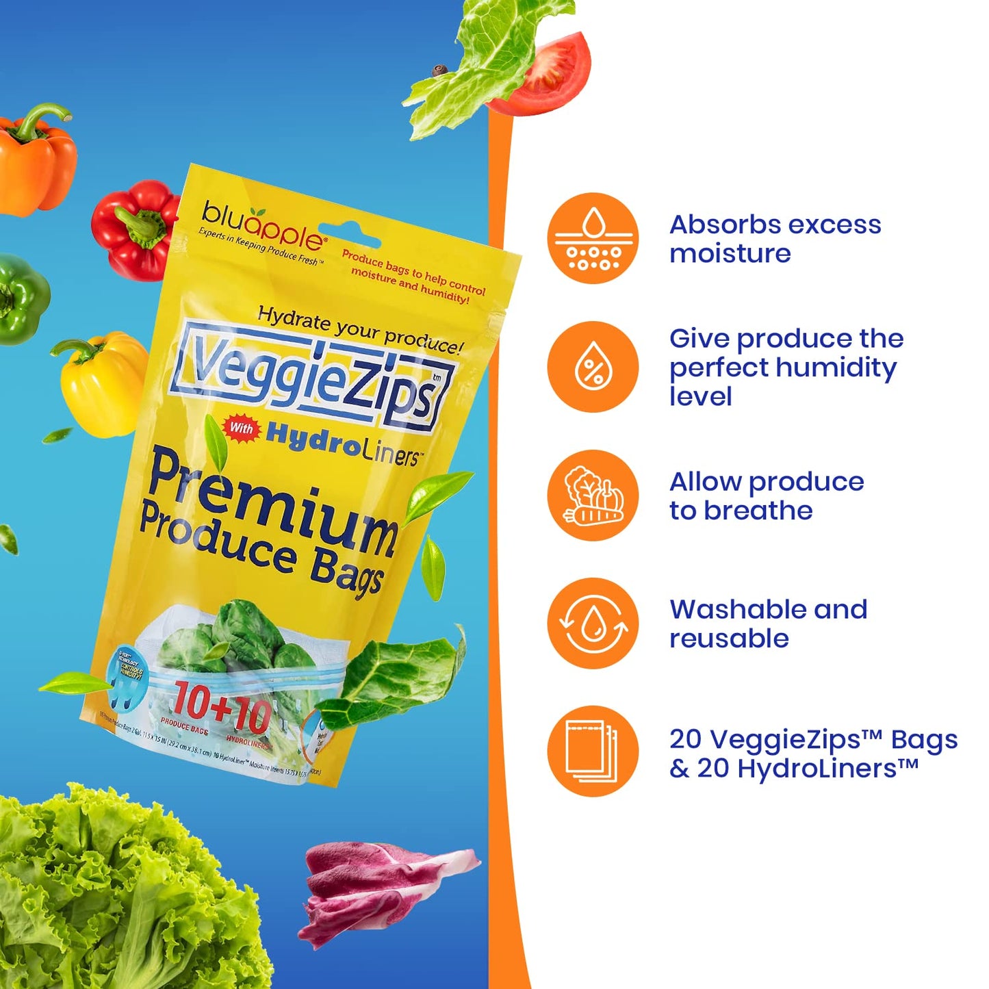 Bluapple VeggieZips Premium Produce Storage System - 40 Piece Set, 20 Food Saver Bags + 20 HydroLiners, Keep Produce Fresh Longer, Washable & Reusable Bags with Humidity Control for Fruit & Vegetables