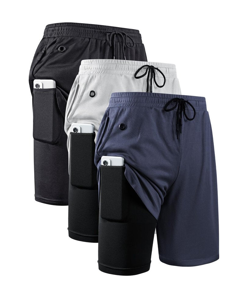 JWJ 3 Pack Mens 2 in 1 Running Shorts Quick Dry Gym Athletic Workout Shorts with Compression Liner,Black Light Navy XL