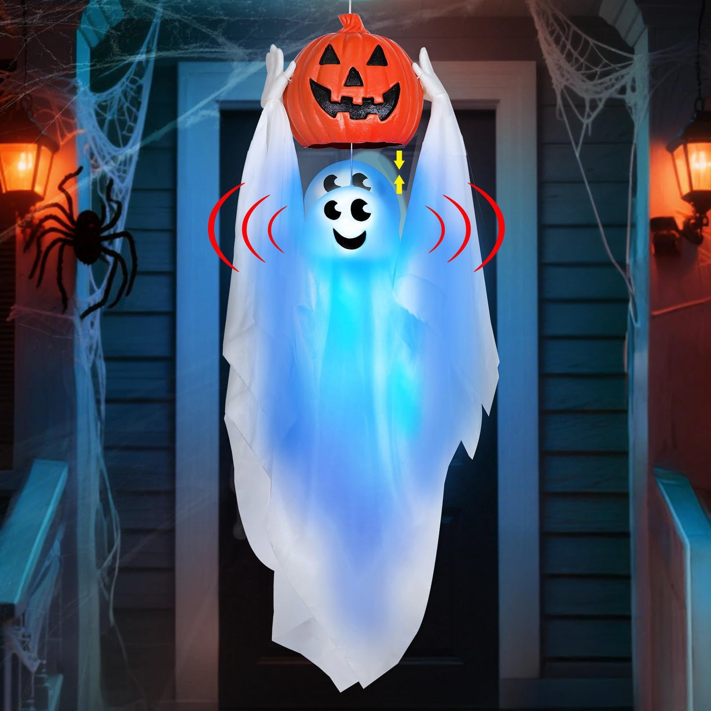 Sound Activated 43” Halloween Animatronics Hanging Ghost Holding Pumpkin, Hide-and-Seek Ghost with Blue Light & Creepy Sound for Halloween Decorations Outdoor, Yard Porch Party Haunted House