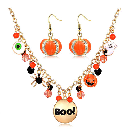 JERTOCLE Halloween Ghost Necklace Crystal Beaded BOO Pumpkin Pendant Choker Necklace with Pumpkin Drop Earrings Jewelry Set (Gold)