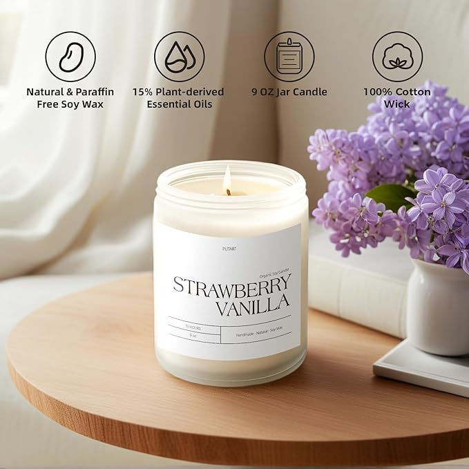 Strawberry Vanilla Highly Scented Candle for Home, 9oz Natural Soy Aromatherapy Non Toxic Candles with Essential Oil, Home Fragrance Stress Relief & Meditation Jar Candles Gifts for Women & Men
