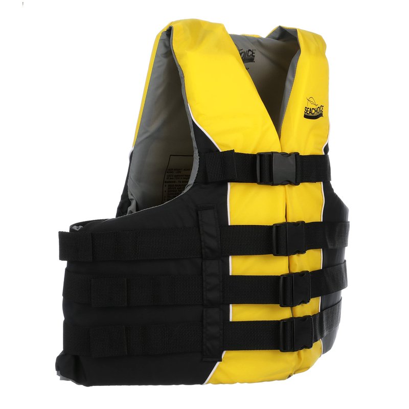 Seachoice Level 70 Life Jacket, Deluxe Adjustable 4-Belt Ski Vest, Yellow and Black, Size L/XL, 40-52 in. Chest