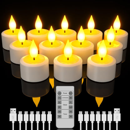 SoulBay Rechargeable Tea Lights, 12pcs Battery LED Flameless Tealight Candles with Remote Control Timer, Candle Light with USB Charging Cables for Home Room Table Halloween Christmas Decorations