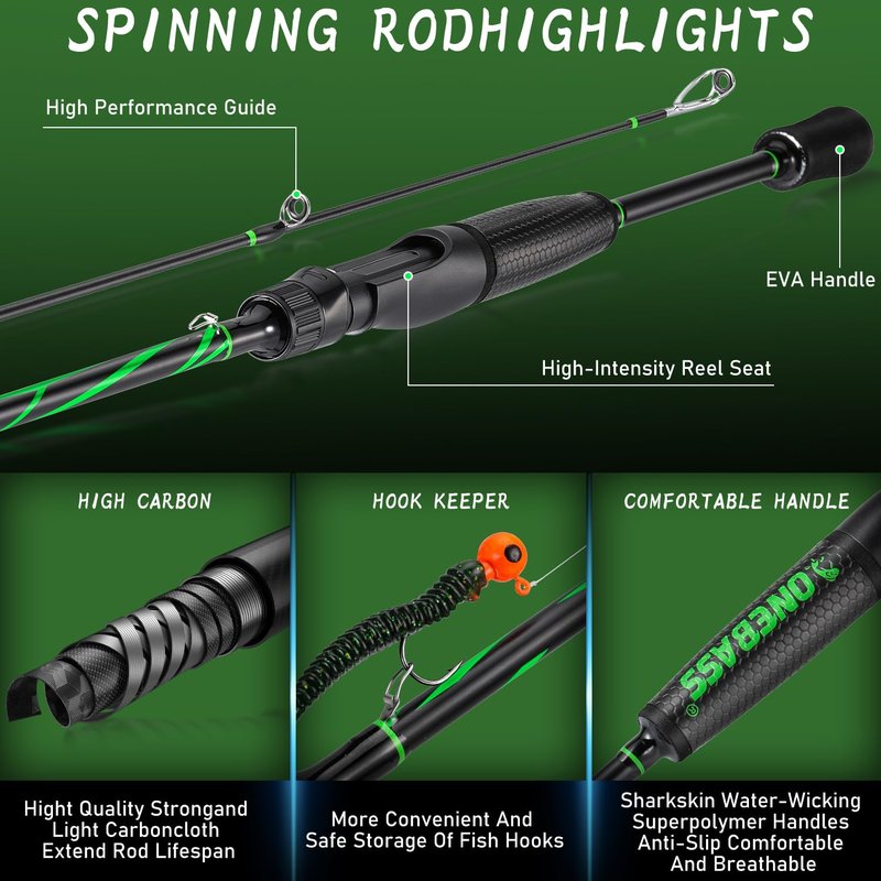 One Bass Fishing Rod Reel Combos, Spinning Rod with Spinning Reel, Graphite 2Pc Blanks, Stainless-Steel Guides, Super Polymer Handle- 6'0"-1 Pack
