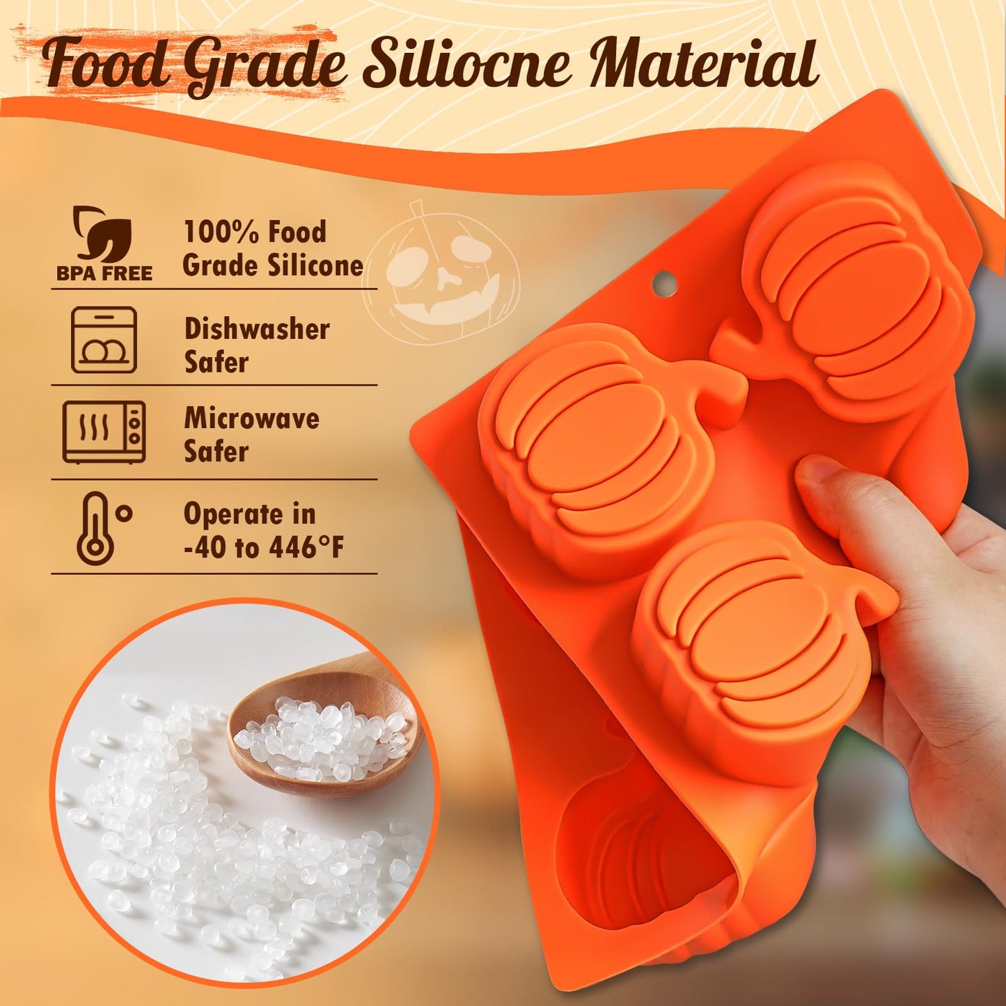 HKNMTT Pumpkin Silicone Molds 2 Pack 6 Cavity Halloween Mold Set for Fall Chocolate Candy Soap Wax Melts Jello Cake Pop Apple Cider Baking Tray Thanksgiving 3D Food Grade Spooky Treats