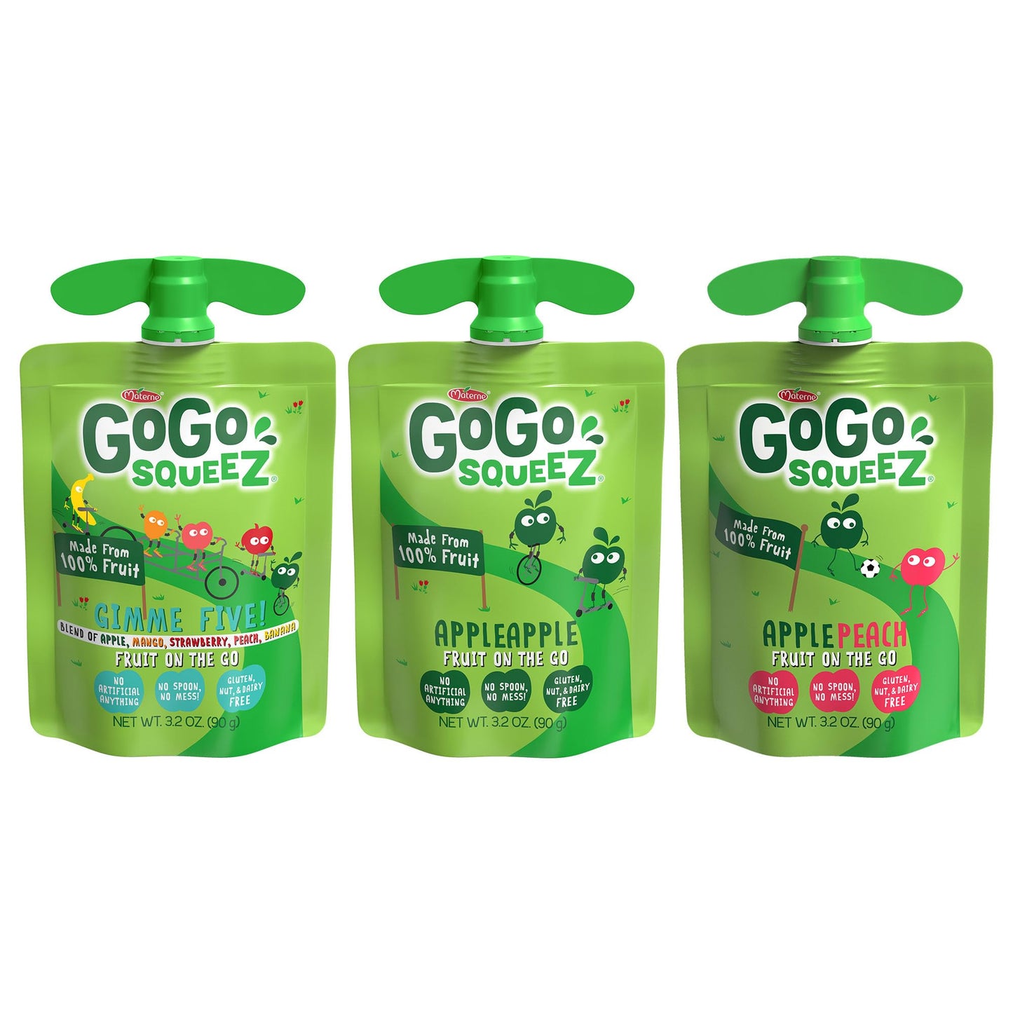 GoGo squeeZ Applesauce and Fruit Puree Variety Pack, Apple, Peach & Gimme Five!, 3.2 oz (Pack of 20), Unsweetened Fruit Snacks for Kids, Gluten Free, Nut Free and Dairy Free, BPA Free Pouches