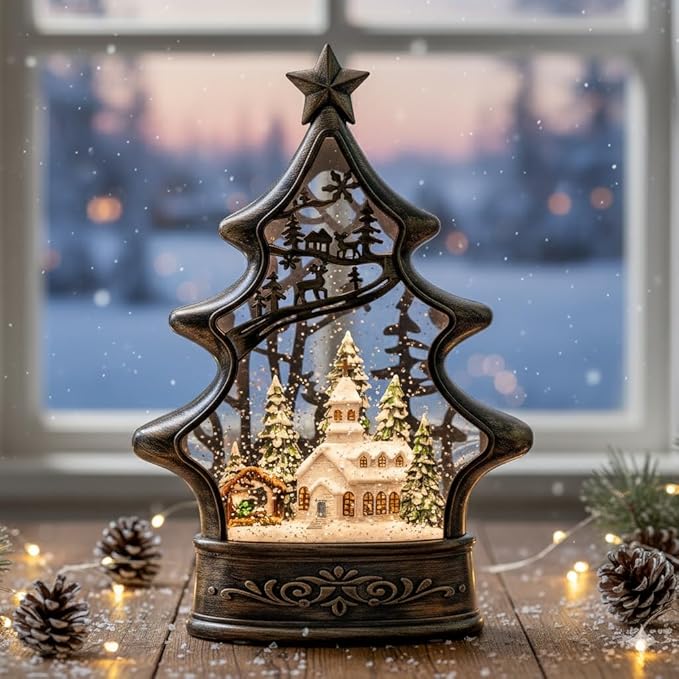 Christmas Snow Globe Lantern Water Glittering Church & Manger Scene with Music & Timer, USB Lined/Battery Operated Lighted Lantern for Christmas Festival Decoration Gifts