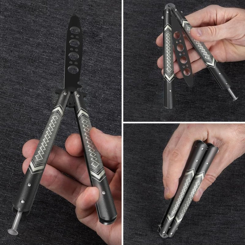 Butterfly Trainer - Practice Balisong - Butterfly Knives NOT Real NOT Sharp Blade - Cool Design - Black Dull Trick - Butter Fly Training - CSGO Fidget Toy - Gift for Husband, Father, Son, Teens K14B