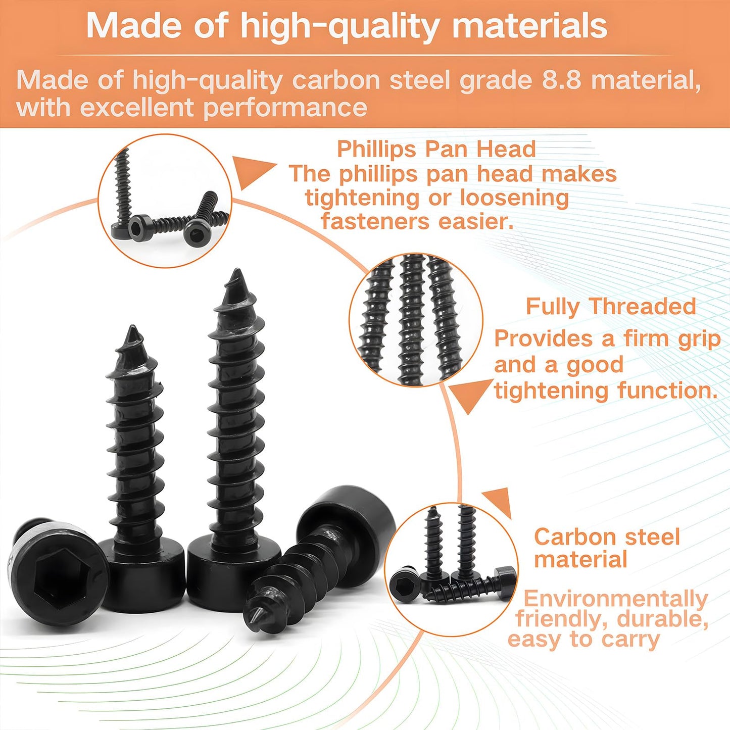 Zmbroll M3 Socket Head Cap Self Tapping Screw Black Grade 8.8 Carbon Steel Metric 400Pcs M3x6/8/10/12/14/16/18/20/25/30mm Socket Allen Head Self Drilling Fasteners Hex Drive Wood Screws