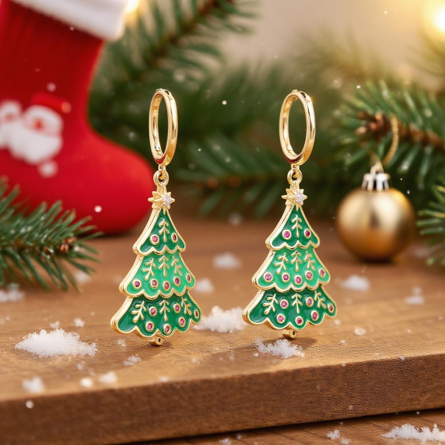 Sonateomber Christmas Tree Stocking Stuffers Dangle Drop Earrings for Women, Dainty Cute Xmas Gold Green Enamel Tree Dangling Hoop Santa Earings Holiday Party Outfit Accessories Costumes Jewelry Gift