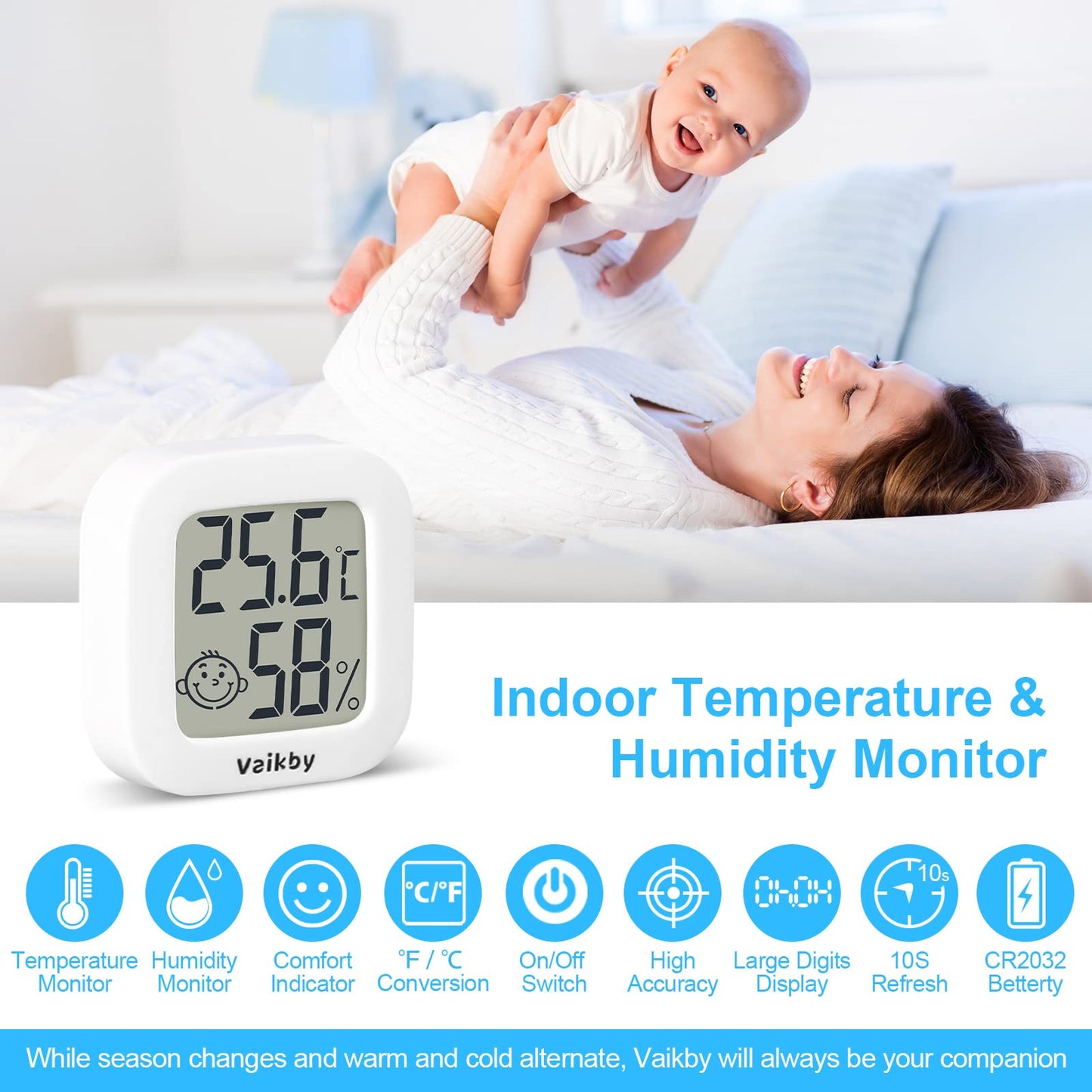 6Pack Room Thermometer Vaikby, Indoor Thermometer Hygrometer, Mini Digital Temperature Humidity Meter Gauge Monitor, Large LCD Display Celsius or Fahrenheit for House, Greenhouse, Baby, Office, Home