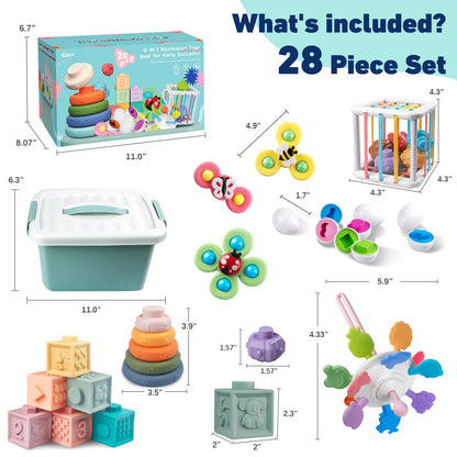 6 in 1 Baby Toys 6 to 12 Months, Montessori Toy for Toddlers 1-3, Infant Teething Babies Toy Stacking Blocks Rings Pull String Toy Sorter Sensory Bin