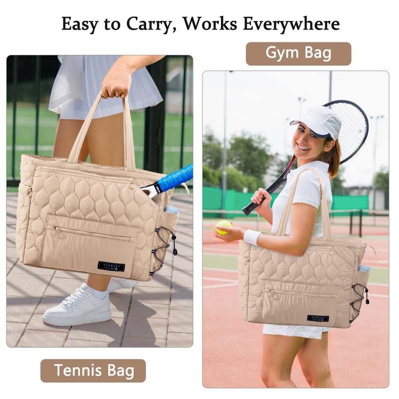 SPORJET Tennis Gym Bag for Women, Tennis Bag Holds 2-4 Rackets with Shoe Compartment & Wet Pocket, Sports Duffle Bags fits up to 15.6" Laptop, Quilted Travel Overnight Weekend Bag, Tennis Gift