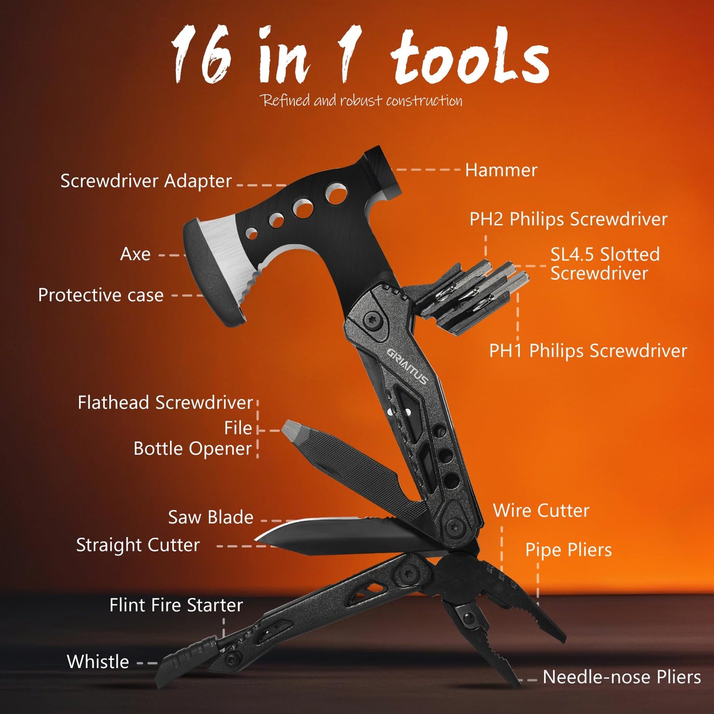 16 in 1 Multitool Survival Gear for Camping & Hiking, Multi Tool with Axe, Hammer, Pliers, Saw, Screwdrivers & Whistle, Camping Accessories and Gifts for Men Dad Husband