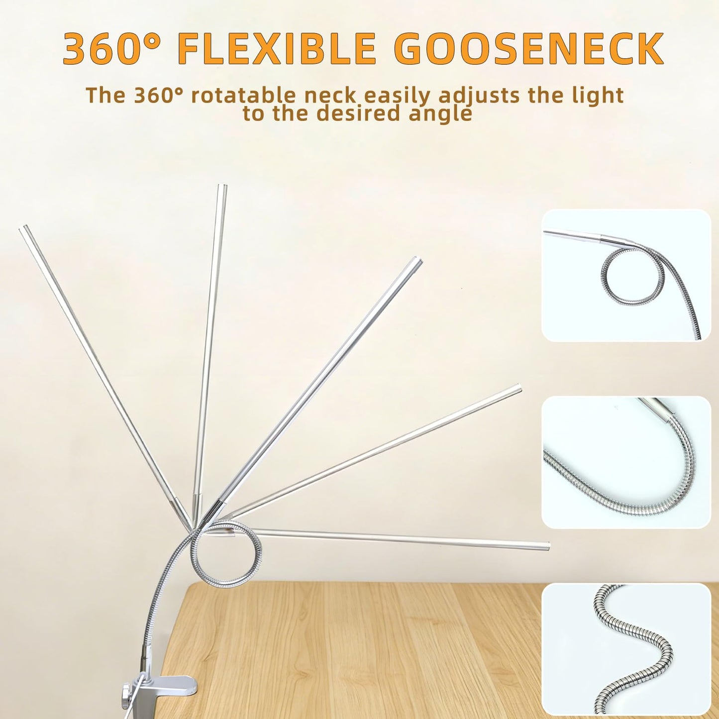 Tikroom Space Aluminum LED Desk Lamp with Clamp, Clip on Light for Reading Study Desk Light 3 Modes 10 Brightness Flexible Gooseneck with USB Adapter Table Lamp for Home Office Computer Nail Work