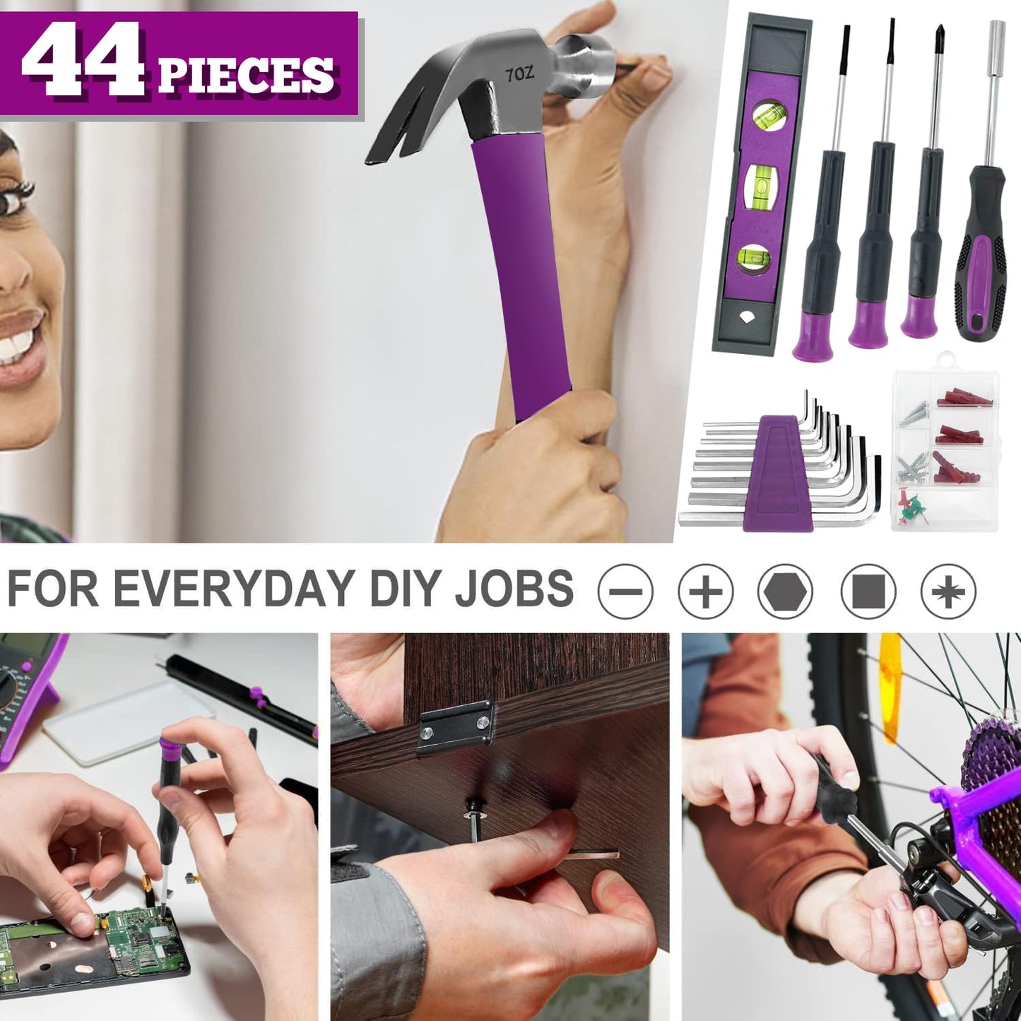 Werktough Pink Tool Kit 44PCS 4V Electric Screwdriver Ladies Tool Kit Set DIY Home Repair Set Toolbox Hand Tool Kit Storage Case Gift Set
