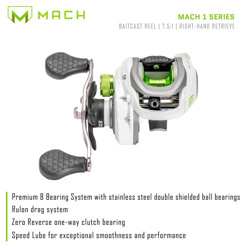 Lew’s MACH 1 Baitcast Fishing Reel, 7+1 Bearings, 7.5:1 Gear Ratio, Graphite Frame and Sideplate, Multi-Setting Brake, Right-Hand Retrieve