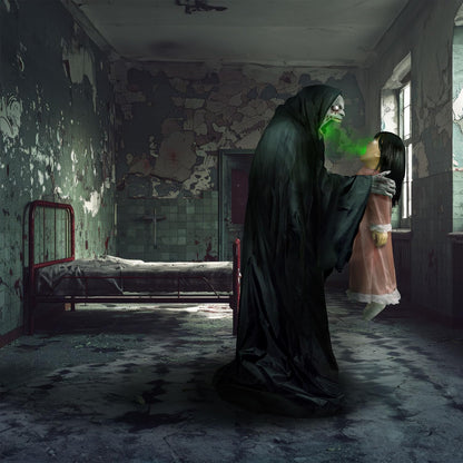 Haunted Hill Farm Soul Sucker Demon Reaper with Child by Tekky, Motion-Activated Talking Halloween Animatronic for Creepy Indoor or Covered Outdoor Halloween Decorations, Plug-in or Battery Operated