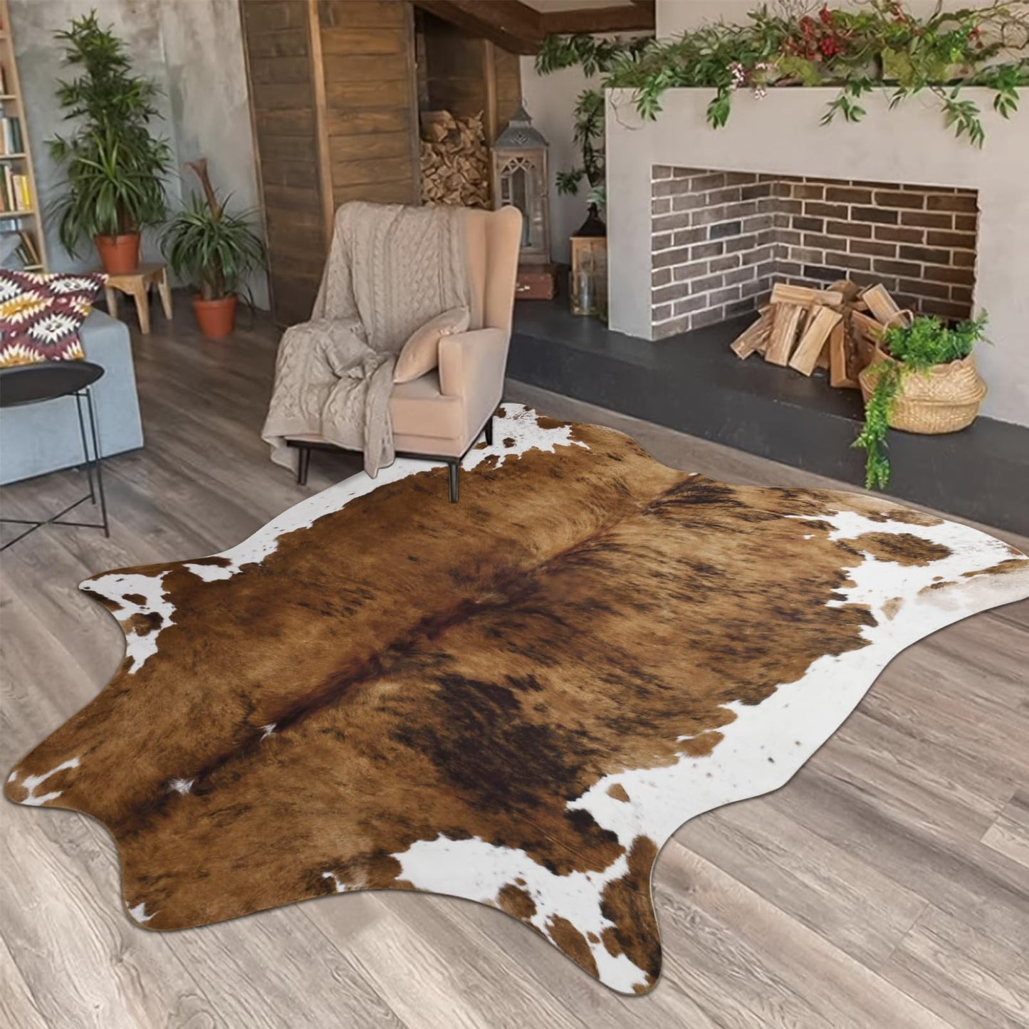 Pettop Luxury Faux Cowhide Rug 4.6x5.2 Feet - Western Cow Print Area Rugs for Living Room, Bedroom, Farmhouse - Premium Western Style Faux Fur Carpet, Non-Slip Animal Hide Throw Rugs (Caramel)