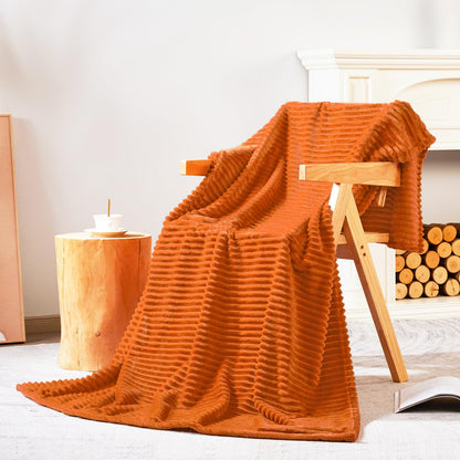 Bnuitland Burnt Orange Flannel Throw (50X71 inches) with Pillow Cover(18×18"),300GSM Super Soft Fleece Stripe Pattern Sofa Blanket, Lightweight Cozy Bed Throw for Home Decor All Season
