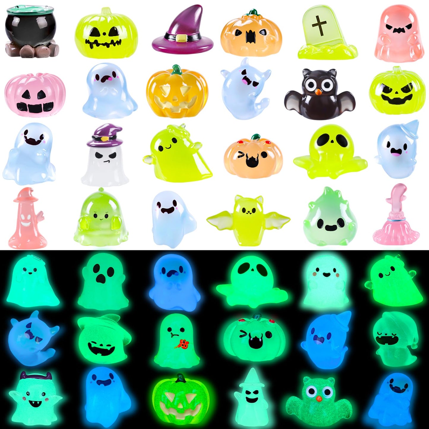 DIYDEC 32PCS Halloween Luminous Mini Figures - 32 Styles Glow in The Dark Tiny Resin Miniatures - Pumpkin Skull for Party Favors, Bag Fillers, Garden, Dollhouse Decor