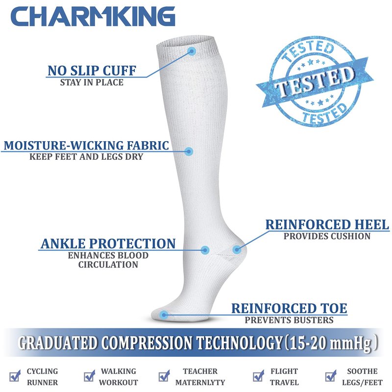 CHARMKING Compression Socks for Women & Men (8 Pairs) 15-20 mmHg Graduated Copper Support Calf Socks are Best for Pregnant, Nurses - Boost Performance, Circulation, Knee High Wide Calf(S/M, Multi 52)