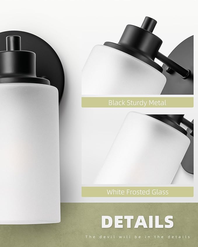 2-Pack Farmhouse Wall Sconces Light Black Bath Vanity Light Fixtures White Frosted Glass Shade Modern Wall Mounted Lighting Vintage