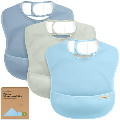 3-Pack Waterproof Baby Bibs for Eating - Lightweight Toddler Feeding Bibs with Large Food Catcher, Mess Proof, Food-Grade Baby Eating Essentials, Easy to Put On & Clean (Ocean)
