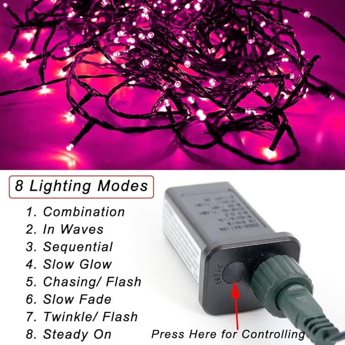 Pooqla Pink String Lights, 200 LED 66 ft Indoor and Outdoor Decorative LED Lights, 8 Modes Halloween Pink Fairy Light for Home Yard Patio Wedding Party Christmas Valentines Day Decoration