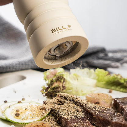 Bill.F Salt and Pepper Grinder Set, Wood Pepper Mill Set of 2 Manual Salt Pepper Shakers Grinder Refillable 7 Inch with Adjustable Ceramic Grinding Rotor（Black and Beige）
