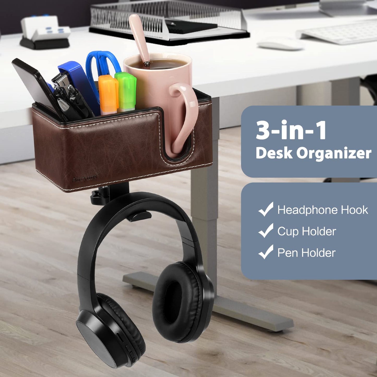 Aurynns Desk Cup Holder Clip on Pen Holder Headphone Hanger Headset Stand Rotatable Clamp Hook Under Desk (Brown)