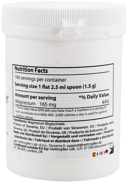 Magnesium glycinate as Magnesium bisglycinate | 0.55 lb – 250 g | Crystal Powder Soluble in Water | Heiltropfen®