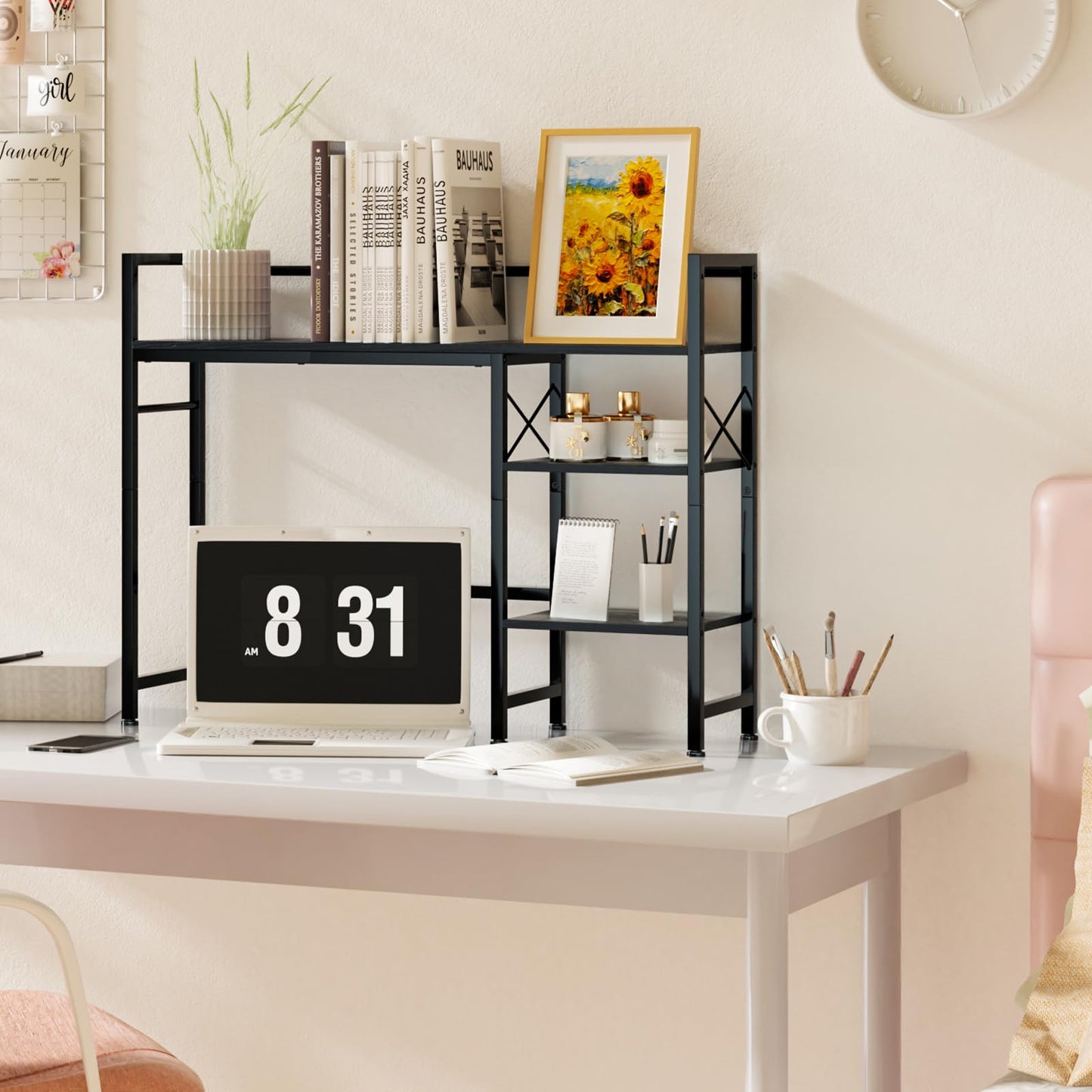 Gannyfer Desk Shelf - 38.5" Freestanding Desk Organizer, Desk Hutch for Computer Monitor, Wood Desktop Bookshelf Storage Rack, Large 3 Tier Desktop Bookshelf for Home Office Decor, Black