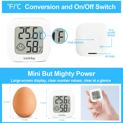 6Pack Room Thermometer Vaikby, Indoor Thermometer Hygrometer, Mini Digital Temperature Humidity Meter Gauge Monitor, Large LCD Display Celsius or Fahrenheit for House, Greenhouse, Baby, Office, Home