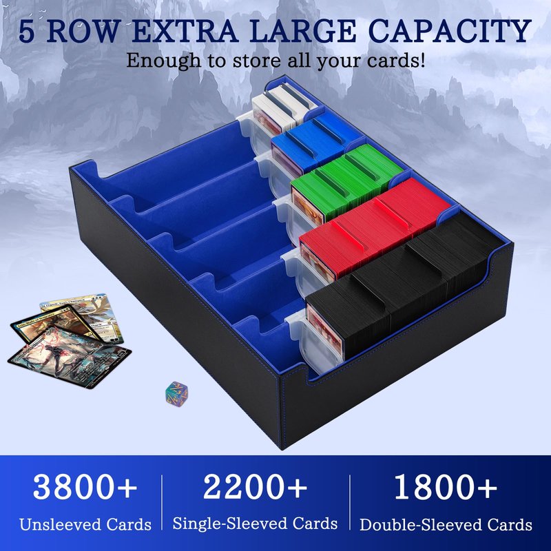5 Row Trading Card Storage Box, 3800+Bulk Card Organizer Box with 20 Dividers & 5 Supporters, Graded Card Deck Box for YuGiOh, MTG, TCG Black/Blue